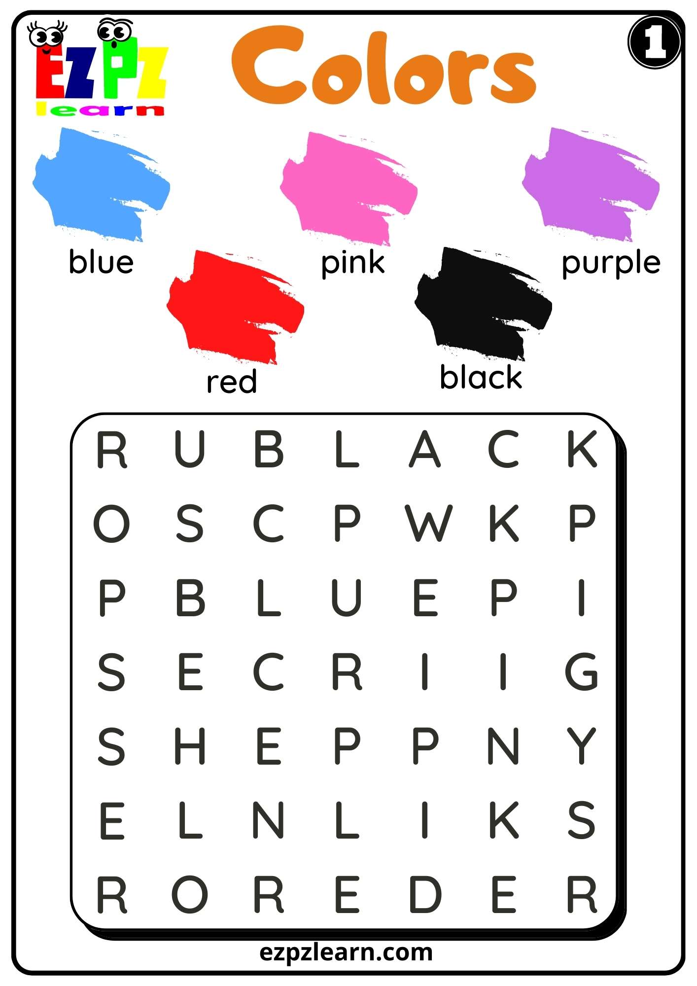 Colors Words Search Worksheet for K5 Kindergarten and ESL PDF Download